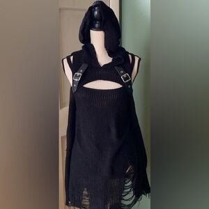 Women black Sz S distressed cut out hooded knit gothic buckle oversized sweater